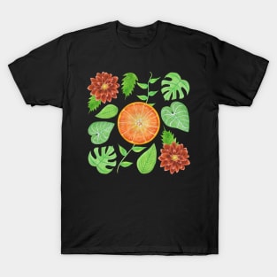 Oranges, Slices, Dahlia, Monstera, Rhapidophora, and Philodendron Gloriosum Leaves T-Shirt